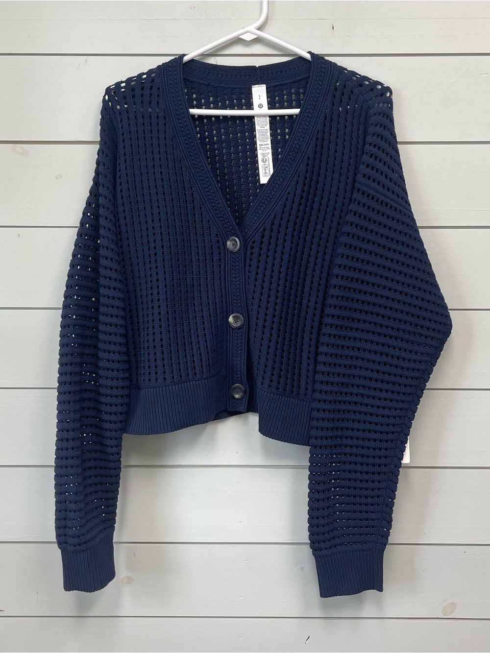 Lululemon cotton crochet mesh relaxed fit cardigan navy blue size small NWT